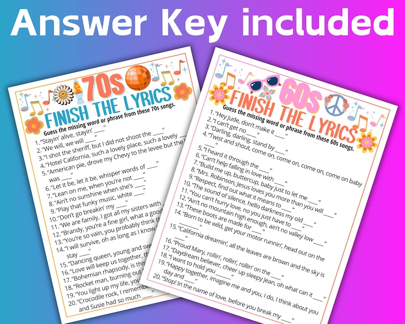 Puede incluir: Dos hojas de juego de letras imprimibles, una para la d&eacute;cada de 1970 y otra para la de 1960, con t&iacute;tulos de canciones para completar. El texto "Answer Key included" est&aacute; en la parte superior. Las hojas tienen un dise&ntilde;o retro colorido.