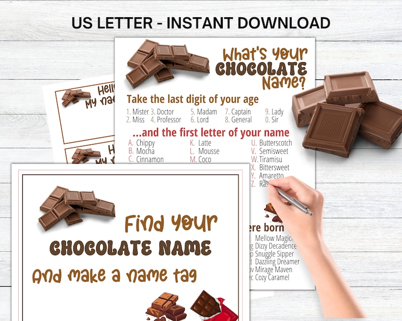 What's Your Chocolate Name Game WITH NAMETAGS SIGN, Chocolate Party