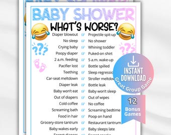Może przedstawiać: Karta do gry na baby shower z napisem What's Worse? zawierająca listę scenariuszy rodzicielskich do porównania. Projekt zawiera niebieski i różowy tekst, śmiejące się emotikony, znaki zapytania oraz odciski stóp niemowlęcia.