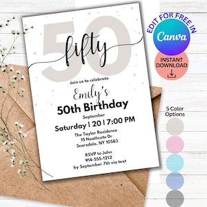50th Birthday Invitations, Editable 50th BDay Party Invite, Born in 1975 Evites, Birthday Invites for Her or Him,DIY Customizable Invitation