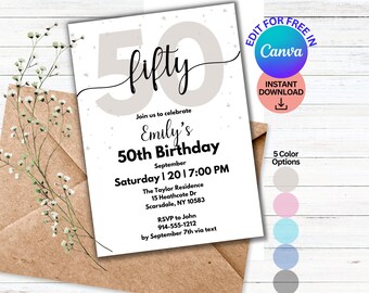 Invitaciones de 50 cumpleaños, invitación editable para fiesta de 50 cumpleaños, nacido en 1976, invitaciones de cumpleaños para ella o para él, invitación personalizable DIY