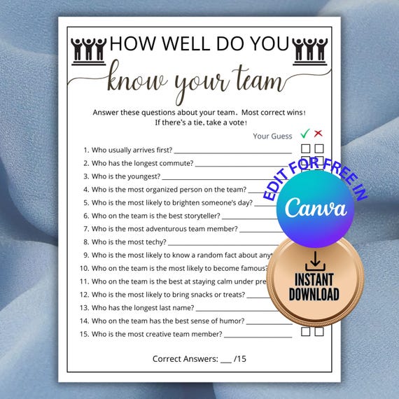 Team Building Games,How Well Do You Know Your Team -Editable in Canva,Coworker Activity,Happy Hour Office Party,Teammate Worker,Holiday Quiz