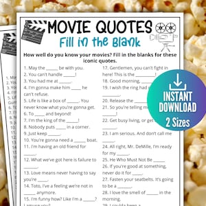 Puede incluir: Un juego imprimible con un formato de completar los espacios en blanco con citas de películas. El juego presenta un fondo de palomitas de maíz y un botón de descarga con el texto "Descarga instantánea 2 tamaños".
