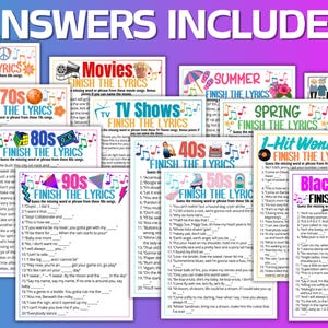 Puede incluir: Un conjunto de tarjetas de juego coloridas con los textos "ANSWERS INCLUDED" y "FINISH THE LYRICS". Las tarjetas presentan diferentes temas como los a&ntilde;os 60, 70, 80, 90, pel&iacute;culas, programas de televisi&oacute;n, verano, primavera, personas mayores, &eacute;xitos, a&ntilde;os 40, 50 y cantantes negros.