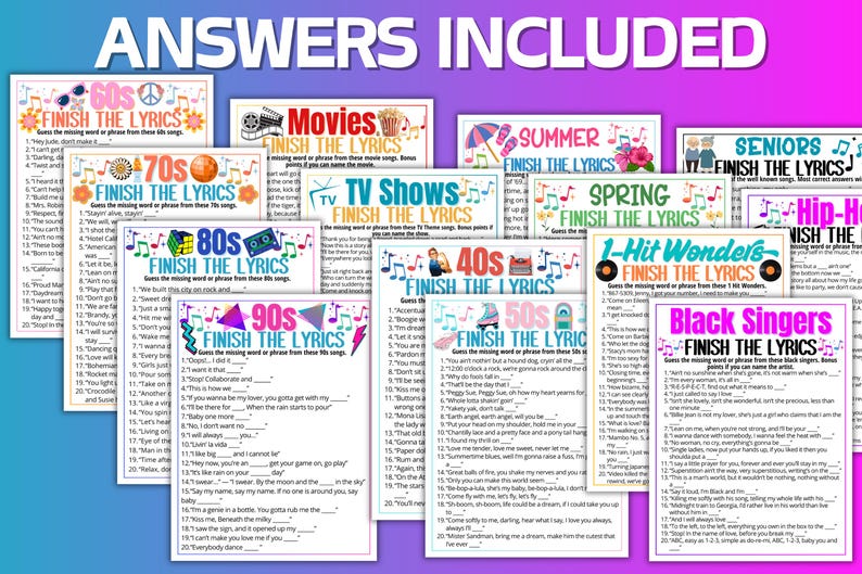 Puede incluir: Un conjunto de tarjetas de juego coloridas con los textos "ANSWERS INCLUDED" y "FINISH THE LYRICS". Las tarjetas presentan diferentes temas como los a&ntilde;os 60, 70, 80, 90, pel&iacute;culas, programas de televisi&oacute;n, verano, primavera, personas mayores, &eacute;xitos, a&ntilde;os 40, 50 y cantantes negros.