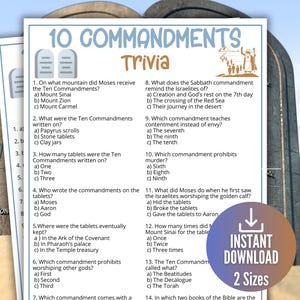 May include: A trivia game about the Ten Commandments, featuring multiple-choice questions. The printable game includes questions about Moses, Mount Sinai, and the tablets. The words "Instant Download" and "2 Sizes" are also visible.