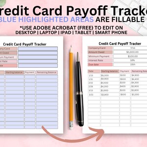 Puede incluir: Un rastreador de pago de tarjeta de cr&eacute;dito imprimible con &aacute;reas resaltadas en azul. El rastreador incluye secciones para la empresa/tarjeta, el monto adeudado, el pago m&iacute;nimo, la tasa de inter&eacute;s, la fecha de vencimiento, la fecha, el saldo inicial, el pago y el saldo restante. El ejemplo muestra una tarjeta Visa con un saldo inicial de $5,000.00 y una fecha de vencimiento del 15.