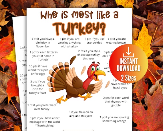 Who is Most Like a Turkey,Turkey Trivia Game,Thanksgiving Party Game, Fall Trivia Game,Friendsgiving Classroom Trivia Game for kids & adults
