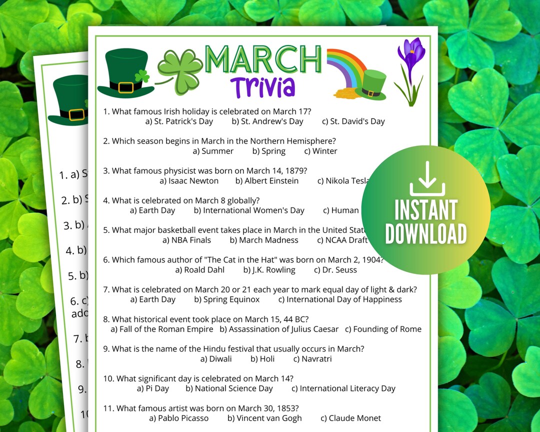 March Trivia Game, Spring Season Game, Holiday Party Game, Monthly ...