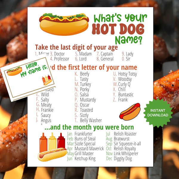 What's Your Hot Dog Name Game with NAMETAGS & SIGN, Hot Dog Party Game, Barbeque Cookout, summer BBQ and Bratwurst, Adults/Kids Printable