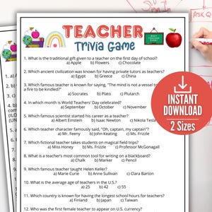 Teacher Trivia Game, Teacher Party Game, Back to School Trivia Game, Homeschool Trivia Game for kids and adults,Printable Classroom Game