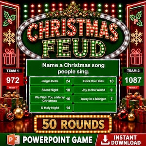 May include: A digital Christmas Feud game board featuring a marquee sign with red and green lights, a central scoreboard displaying survey answers like Jingle Bells and Silent Night, and two team score counters with gift boxes on the sides.
