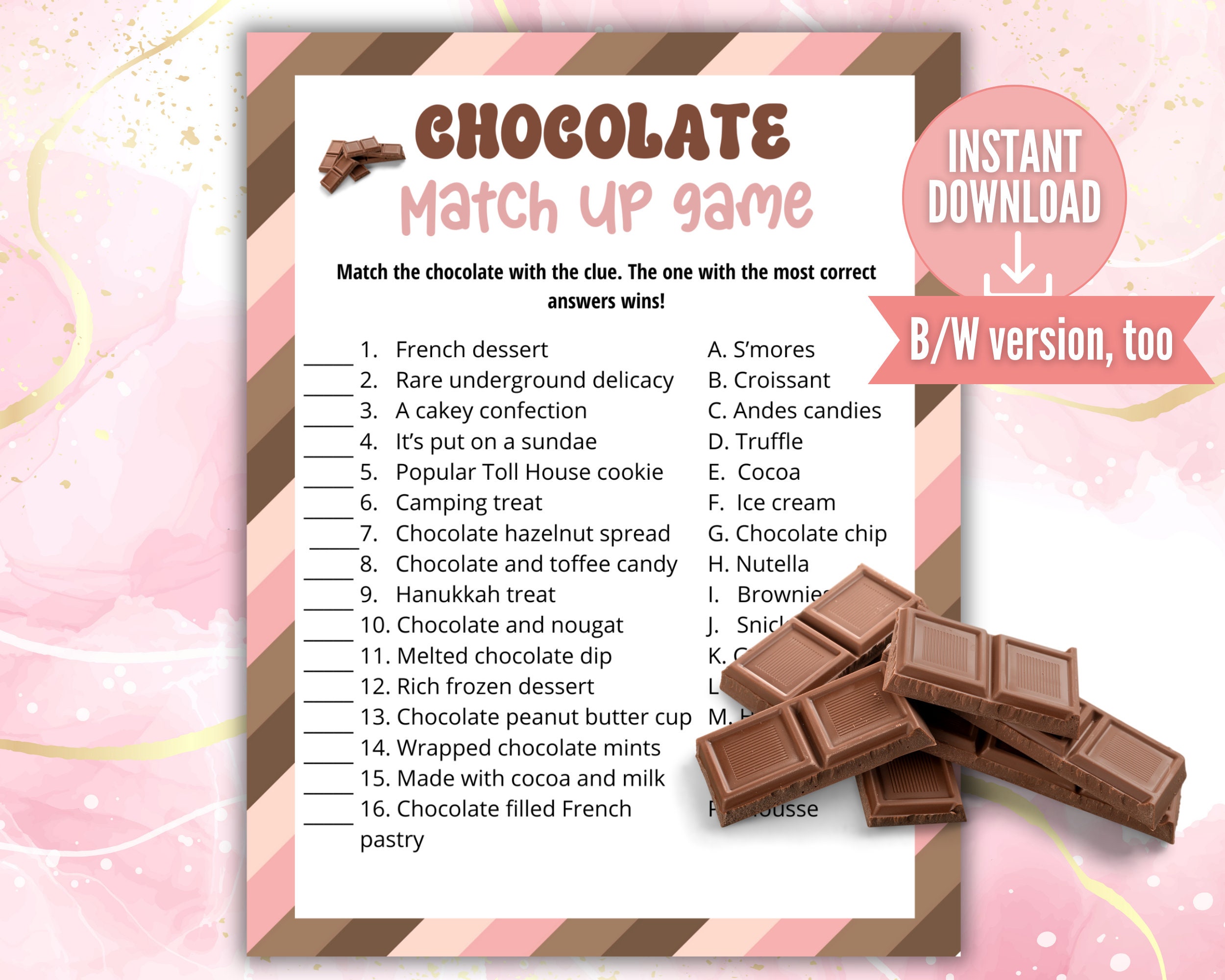 Chocolate Match Game Chocolate Party Quiz Game Sleepover Game Family chocolate-match-game-chocolate-party-quiz-game-sleepover-game-family