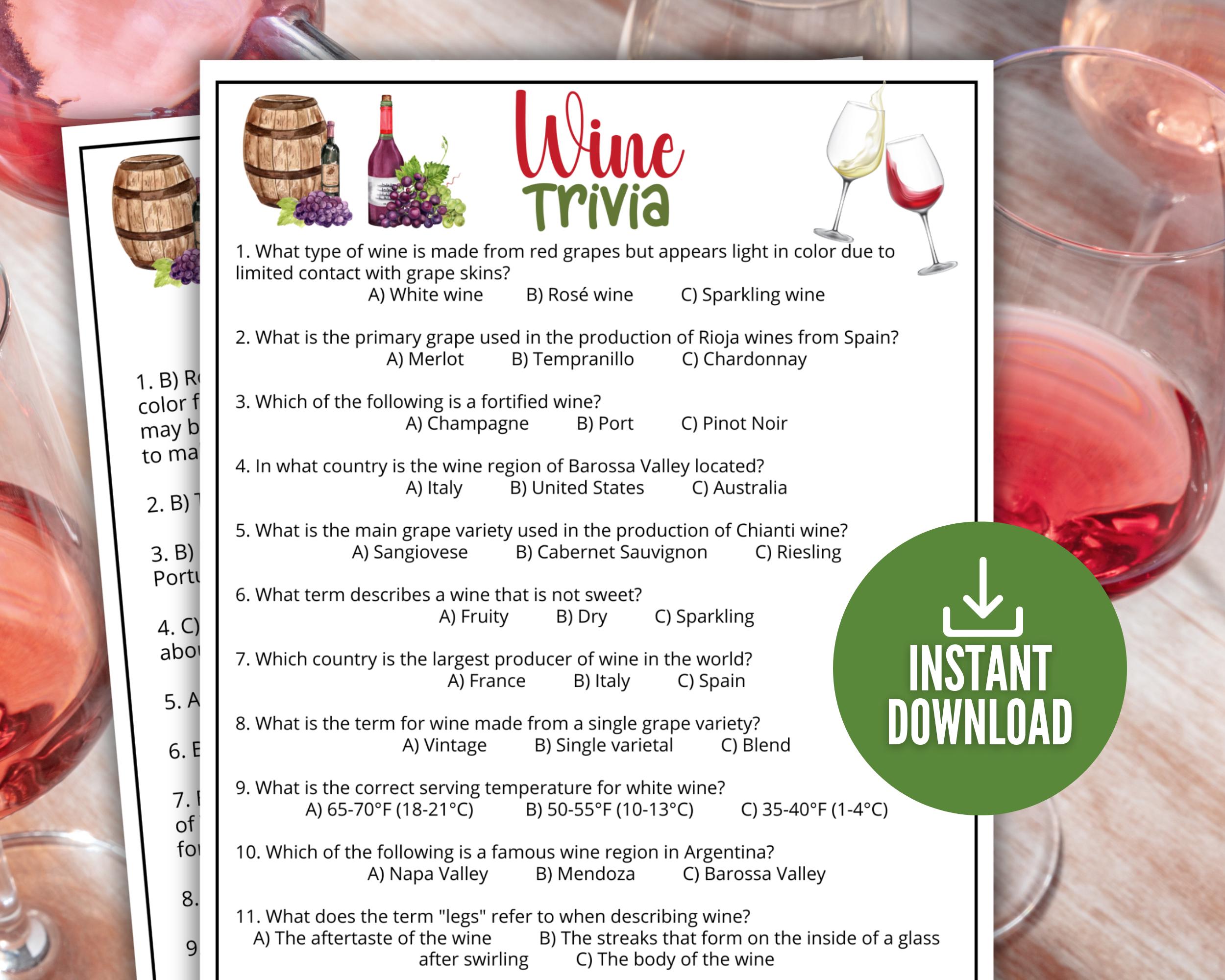 Wine Trivia Game, Printable Wine & Cheese Party Game for Adults, Wine ...