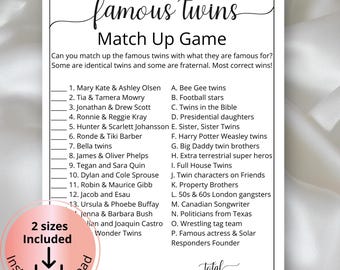 Famous Twins Trivia for Baby Showers, Printable Celebrity Twin Match Up Game, Twin Birthday game,Twin Minimalist Shower,Shower quiz Activity