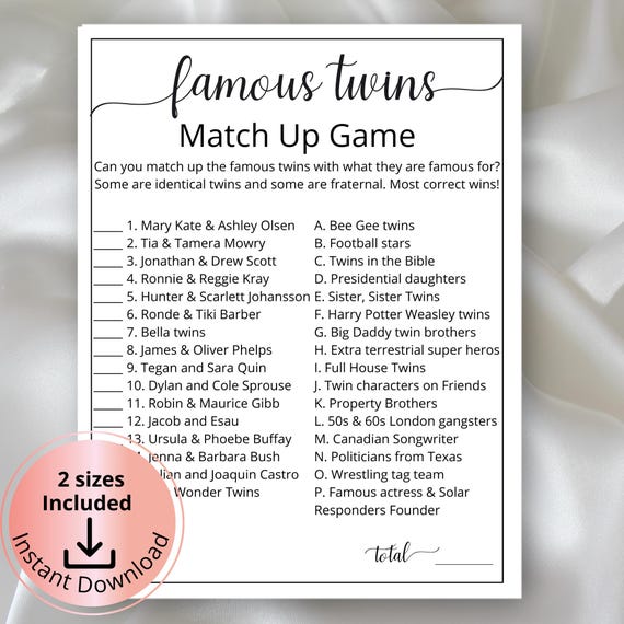 Famous Twins Trivia for Baby Showers, Printable Celebrity Twin Match Up Game, Twin Birthday game,Twin Minimalist Shower,Shower quiz Activity