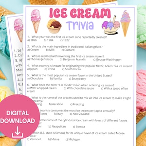 May include: A printable ice cream trivia game with questions and answers. The design features ice cream cones and scoops in various colors, with the title "Ice Cream Trivia" at the top. A pink circle with "DIGITAL DOWNLOAD" is in the lower left.