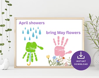 Arte con huellas de manos de flores de mayo y lluvias de abril, manualidad de recuerdo de flores, manualidad de huellas de manos de primavera para niños pequeños, actividad de guardería preescolar, arte para abuelas