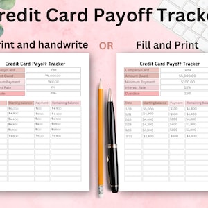 Puede incluir: Un rastreador de pago de tarjeta de cr&eacute;dito imprimible con dos columnas, una para imprimir y escribir a mano y la otra para rellenar e imprimir. La columna de la izquierda tiene un rastreador de muestra con un saldo inicial de 5.000 &euro; y una fecha de vencimiento del 15. La columna de la derecha tiene un rastreador de muestra con un saldo inicial de 5.000 &euro; y una fecha de vencimiento del 15.