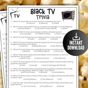 Black TV Trivia Spiel, afroamerikanisches Fernsehquiz, schwarze Kultur-Trivia, schwarzer Geschichtsmonat, Familienspielabend, Filmnachtparty
