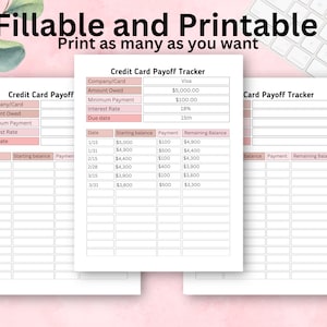 Puede incluir: Plantilla de seguimiento de pago de tarjeta de cr&eacute;dito imprimible con un esquema de color rosa y blanco. El seguimiento incluye secciones para la empresa/tarjeta, el monto adeudado, el pago m&iacute;nimo, la tasa de inter&eacute;s, la fecha de vencimiento, la fecha, el saldo inicial, el pago y el saldo restante.