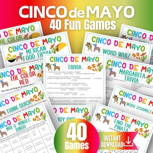 Peut inclure: Ensemble de feuilles de jeu sur le thème du Cinco de Mayo, avec des titres tels que "Trivia" et "Bingo". Les feuilles présentent des illustrations colorées de sombreros et de burros. Le texte "40 Fun Games" est bien visible.