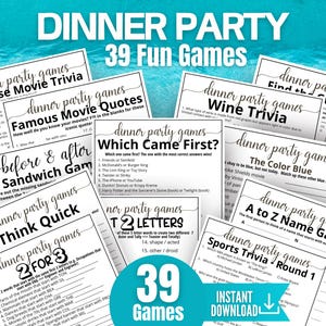 Op de afbeelding: Een verzameling afdrukbare gezelschapsspellen voor diners met verschillende trivia- en uitdagingsthema's. De spellen omvatten filmcitaten, wijn trivia en sport trivia. De tekst "DINNER PARTY 39 Fun Games" staat bovenaan.