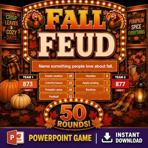 Puede incluir: Un gráfico de juego de PowerPoint Fall Feud que presenta un tablero con el texto Name something people love about fall, puntuaciones de equipos y una lista de respuestas como Cooler weather, Hoodies y Pumpkin spice, decorado con pavos y hojas de otoño.