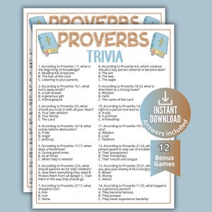 May include: A printed Proverbs Trivia game sheet featuring fourteen multiple-choice questions about biblical verses. The header displays the text Proverbs Trivia with illustrations of two blue books. A circular badge indicates instant download.