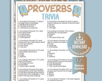 Może przedstawiać: Wydrukowany arkusz z grą Proverbs Trivia zawierający czternaście pytań wielokrotnego wyboru dotyczących wersetów biblijnych. Nagłówek zawiera tekst Proverbs Trivia oraz ilustracje dwóch niebieskich książek. Okrągła odznaka informuje o natychmiastowym pobraniu.