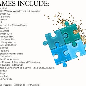 May include: A list titled GAMES INCLUDE: followed by 28 numbered items such as 3 of a Kind, Quacky Wacky Weird Trivia, and Rebus Puzzles. To the right, four interlocking puzzle pieces in shades of teal and blue are accented by gold glitter.