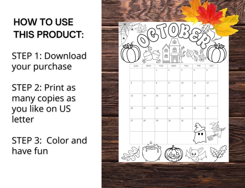 Coloring Calendar for October 2024, Monthly Coloring Calendar for Kids