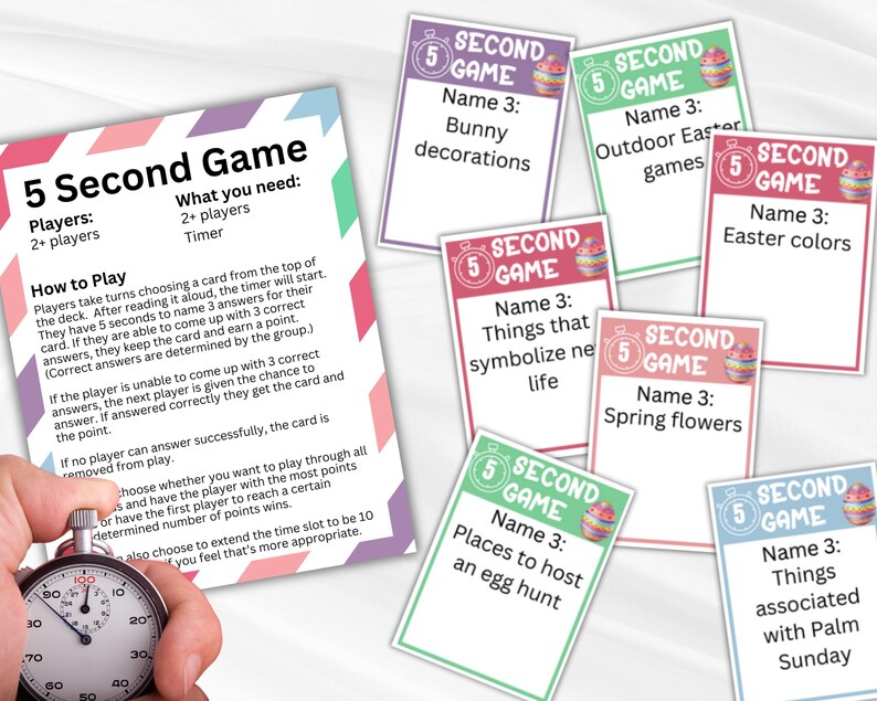 May include: A colorful card game titled "5 Second Game" with instructions and various themed cards. The cards feature prompts like "Bunny decorations" and "Easter colors." A timer is held in the foreground, suggesting a timed gameplay element.