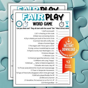 Puede incluir: Una hoja de juego de palabras Fair Play imprimible con veintidós pistas numeradas, iconos de reloj y reloj de arena, y una insignia circular naranja y amarilla con el texto Instant Download, Answers included y 12 Bonus Games.