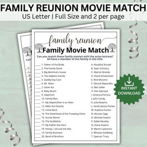 Family Reunion Movie Trivia Game, Movie Match Up, Famous Family Movies Game, Reunion Party Games, Reunion Icebreaker Games, Printable Games