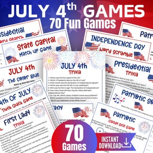 May include: A collection of printable July 4th games, including trivia, word searches, and matching games. The design features patriotic colors, fireworks, and American flags. The text includes "July 4th Games" and "70 Fun Games."