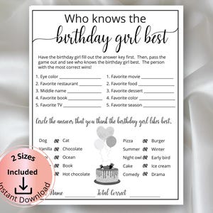 Who Knows The Birthday Girl Best, How well do you know the Birthday Girl,Birthday Questionnaire Activity, Printable Birthday Game Icebreaker