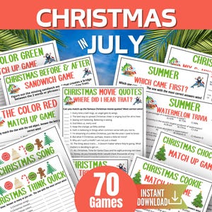 May include: A collection of printable Christmas in July game sheets featuring various activities like The Color Green Match Up Game, Christmas Movie Quotes, Summer Watermelon Trivia, and Christmas Song Think Quick, all with festive graphics.