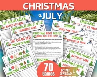 Paquete de juegos de Navidad en julio, juegos de intercambio de regalos de verano, trivia de citas de películas navideñas, concurso de canciones navideñas familiares, juegos para fiestas de vacaciones de oficina
