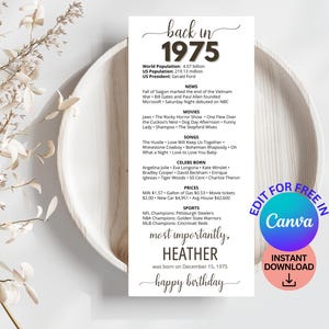 50. Geburtstag Tischkarten, bearbeitbare 50. BDay Partydekoration, geboren 1975 Tischkarten, Geburtstagsgeschenk für Sie für ihn, Zurück in 1975 Nachrichten