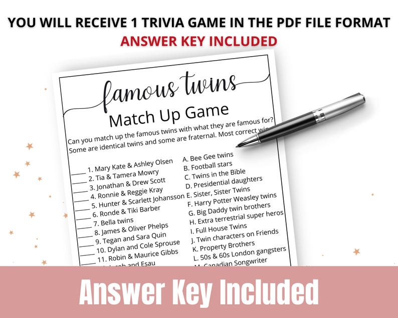 Famous Twins Trivia for Baby Showers, Printable Famous Twin Match up Game, Twin Birthday Game