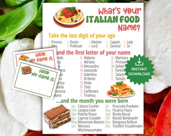 Quel est votre jeu de nom de cuisine italienne AVEC ÉTIQUETTES + SIGNE, jeu de dîner de pâtes, semaine amusante d'appréciation du personnel enseignant, imprimable pour adultes et enfants