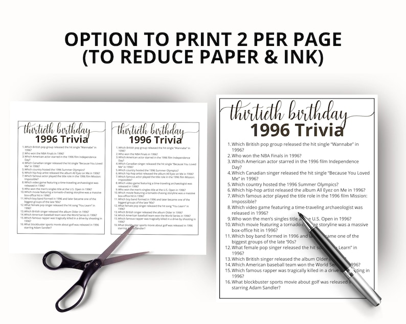 May include: A printable trivia game sheet titled thirtieth birthday 1996 Trivia with sixteen questions about 1996 events. The image includes a black pair of scissors and a black pen, with text at the top stating OPTION TO PRINT 2 PER PAGE.