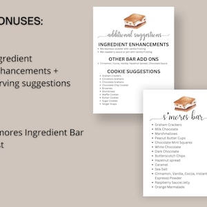 Peut inclure: Un guide imprimable pour un bar &agrave; s'mores avec des am&eacute;liorations d'ingr&eacute;dients et des suggestions de service. Le guide comprend une liste d'ingr&eacute;dients pour le bar &agrave; s'mores, tels que des biscuits graham, du chocolat au lait, des guimauves et des tasses de beurre de cacahu&egrave;te. Il comprend &eacute;galement des suggestions d'am&eacute;liorations d'ingr&eacute;dients, telles que l'ajout de poudre d'espresso au gla&ccedil;age &agrave; la vanille ou de sauce aux framboises au gla&ccedil;age &agrave; la vanille.
