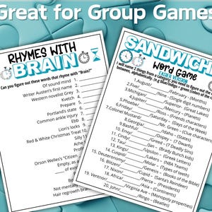 May include: Two white game sheets with blue text and graphics. The left sheet is titled Rhymes with Brain and lists clues for rhyming words. The right sheet is titled Sandwiched Word Game and lists alphabetical word puzzles with numbered lines.