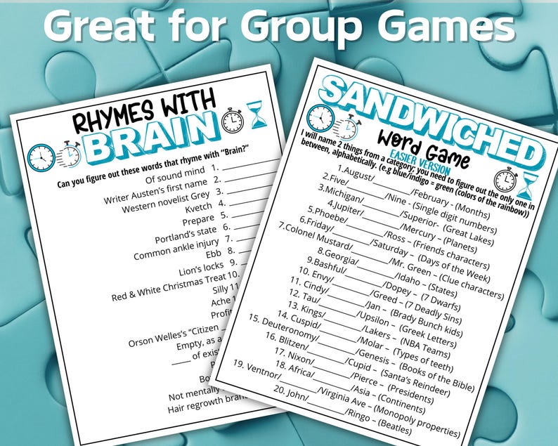 May include: Two white game sheets with blue text and graphics. The left sheet is titled Rhymes with Brain and lists clues for rhyming words. The right sheet is titled Sandwiched Word Game and lists alphabetical word puzzles with numbered lines.