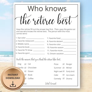 May include: A printable game for a retirement party. The game is called "Who Knows the Retiree Best?" and asks questions about the retiree's favorite things, such as their favorite food, color, and vacation destination. The game also includes a section for guests to circle their guesses about the retiree's preferences.