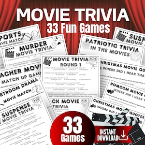 May include: A collection of 33 printable movie trivia game sheets featuring various themes like sports, murder, courtroom drama, and Christmas movie quotes. Each black and white page includes multiple-choice questions, movie icons, and titles.