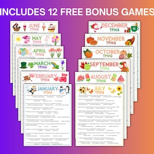 May include: A stack of trivia game cards, each themed for a different month, with colorful illustrations and the text "INCLUDES 12 FREE BONUS GAMES". The months include January, February, March, April, May, June, July, August, September, October, November, and December.