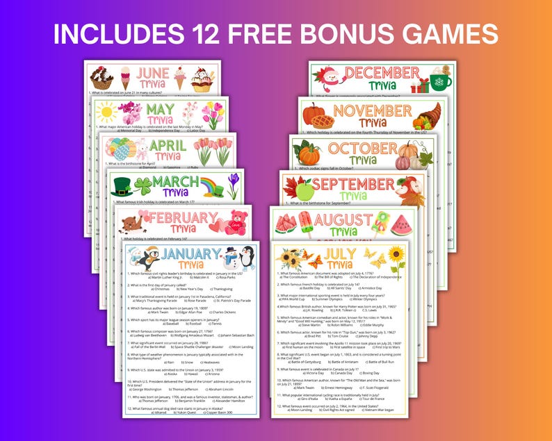 May include: A stack of trivia game cards, each themed for a different month, with colorful illustrations and the text "INCLUDES 12 FREE BONUS GAMES". The months include January, February, March, April, May, June, July, August, September, October, November, and December.